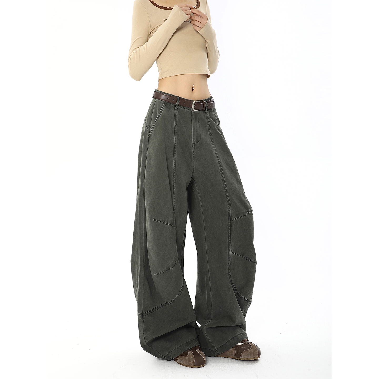 设计感解构绿色休闲工装裤女美式复古宽松廓形直筒阔腿弯刀裤子潮