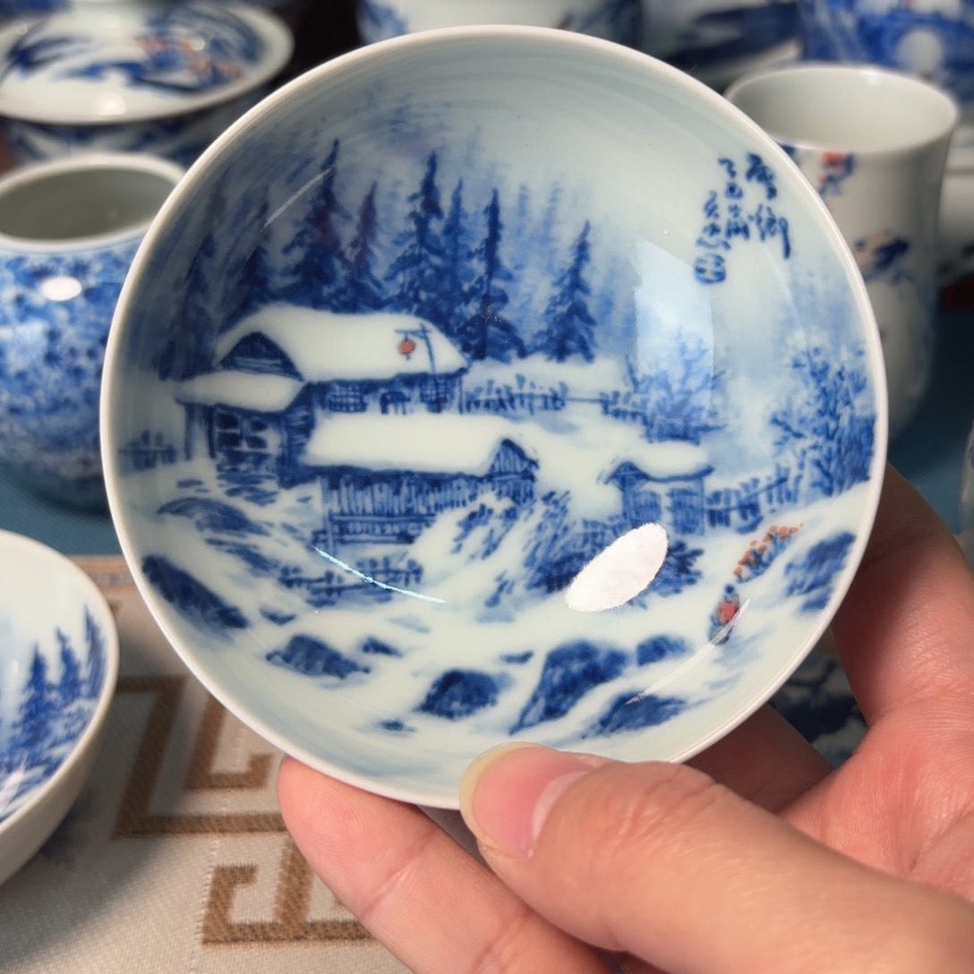 掉***了陶柴窑青花瓷雪景普洱杯