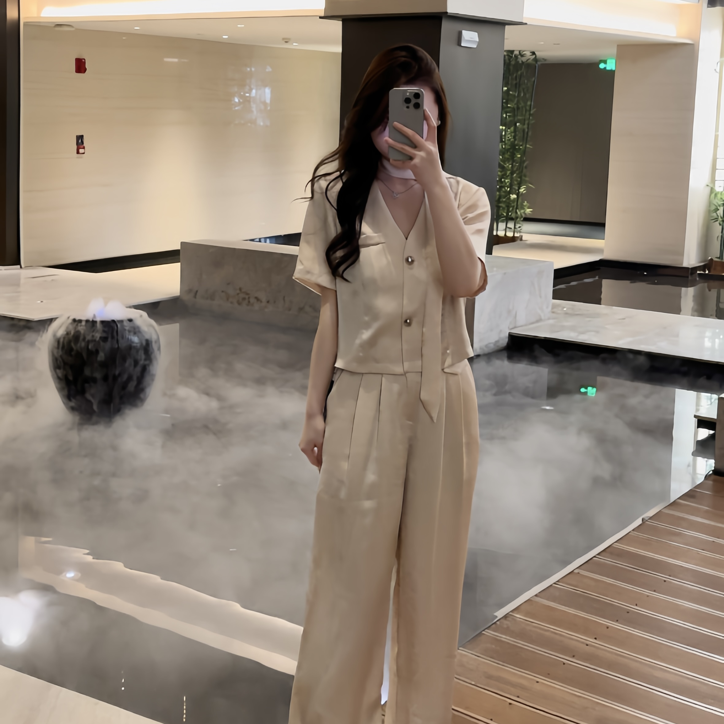 丝带V领短袖盐系西装阔腿裤套装新款欧货高级感时尚两件套