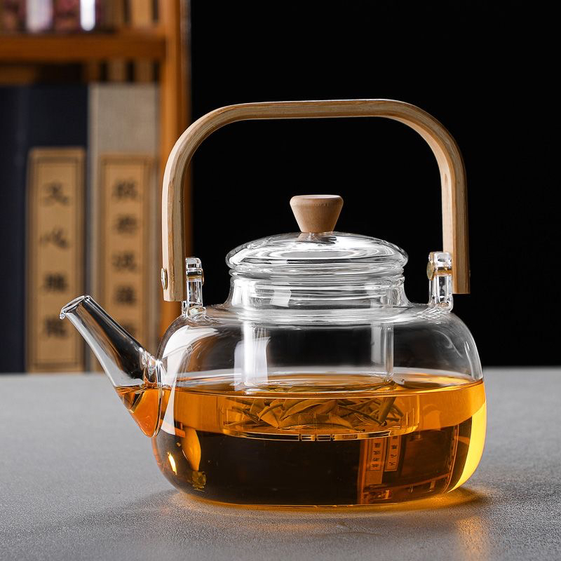 （竹木方提梁）高硼硅玻璃水壶耐热提梁壶家用泡茶壶透明花茶壶
