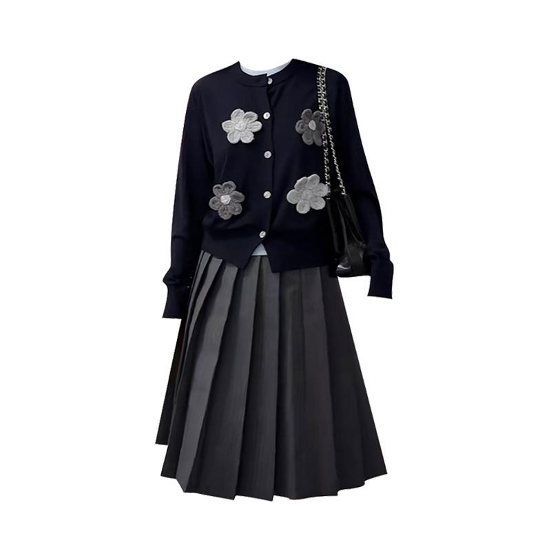 6829秋冬韩系立体花朵毛衣针织外套高腰百褶半身裙学院风两件套装