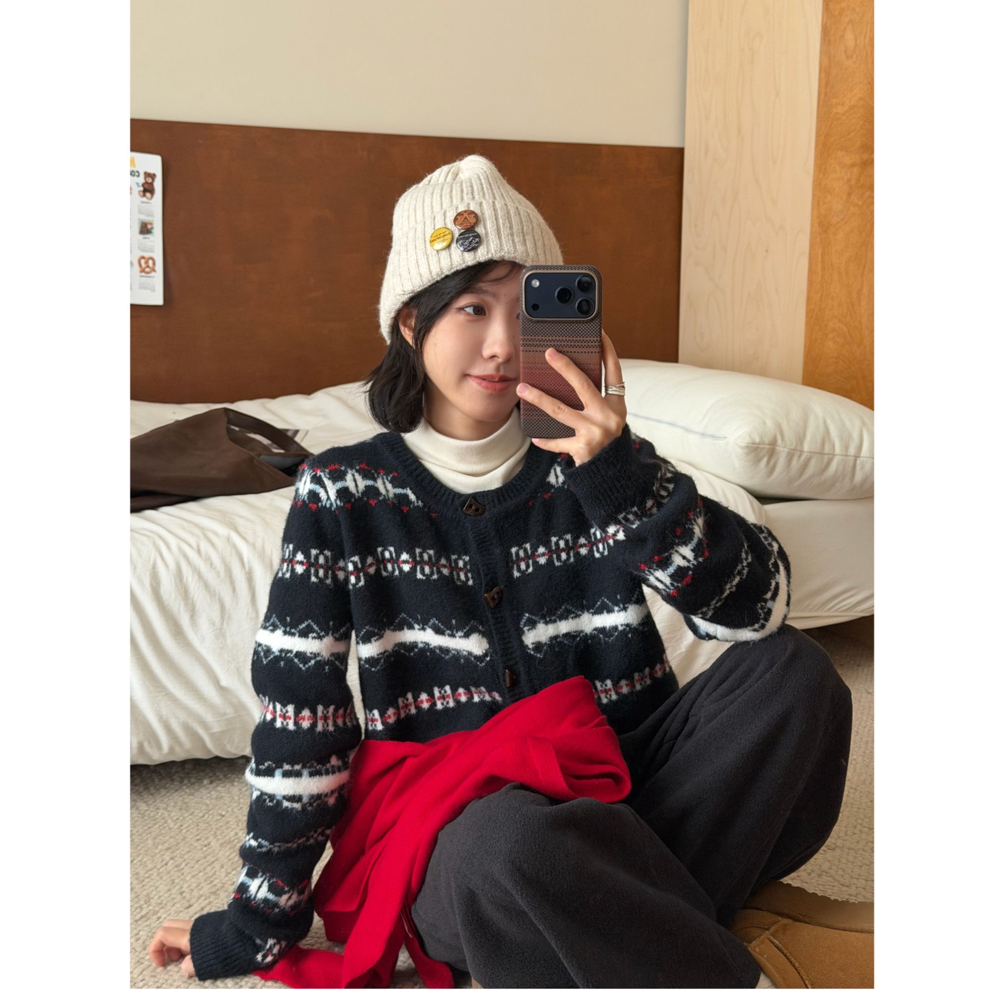 【一四六Yisiliu】小个子圣诞费尔岛提花毛衣复古牛角扣针织开衫