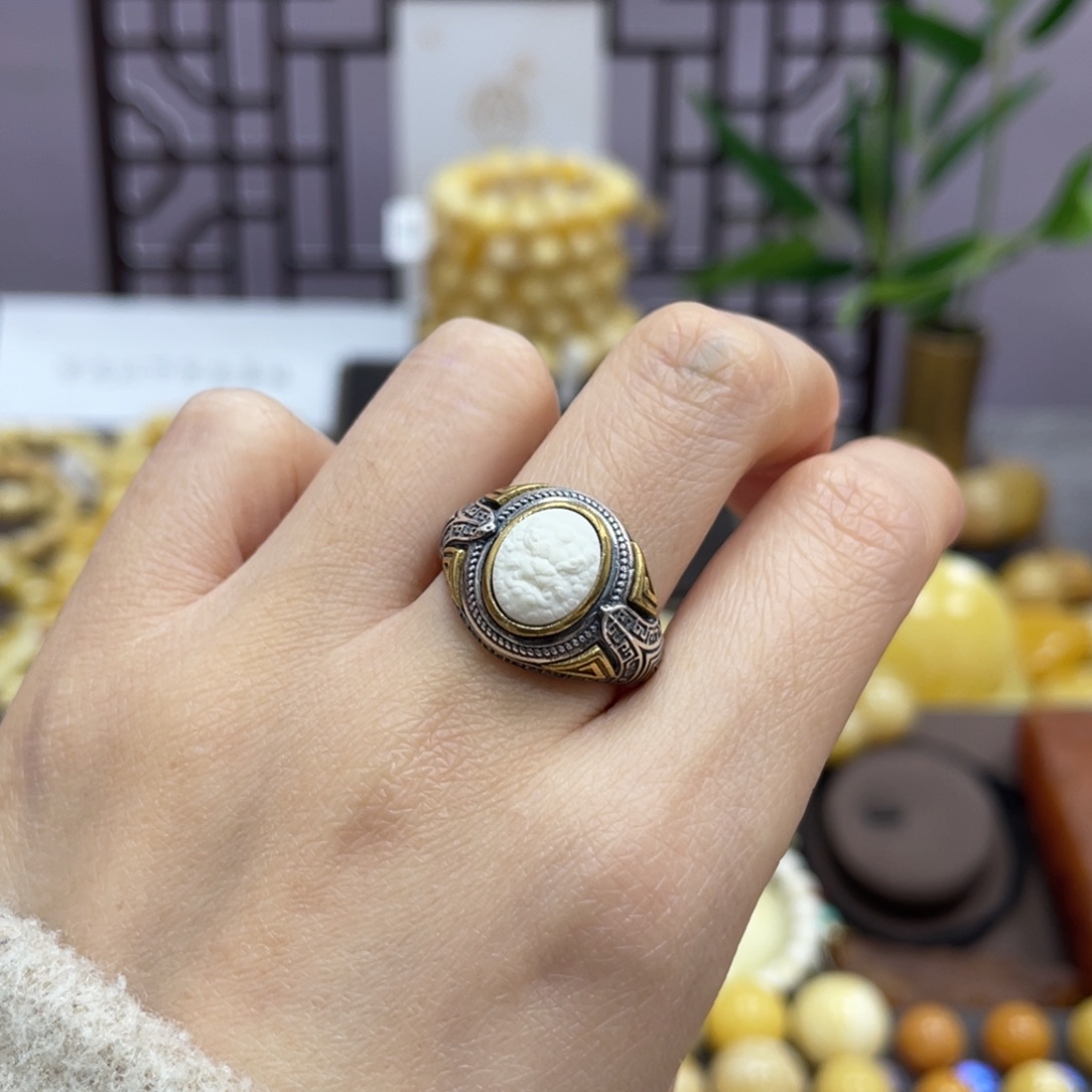 蜜蜡裸石银S925镶嵌白蜡s925戒指