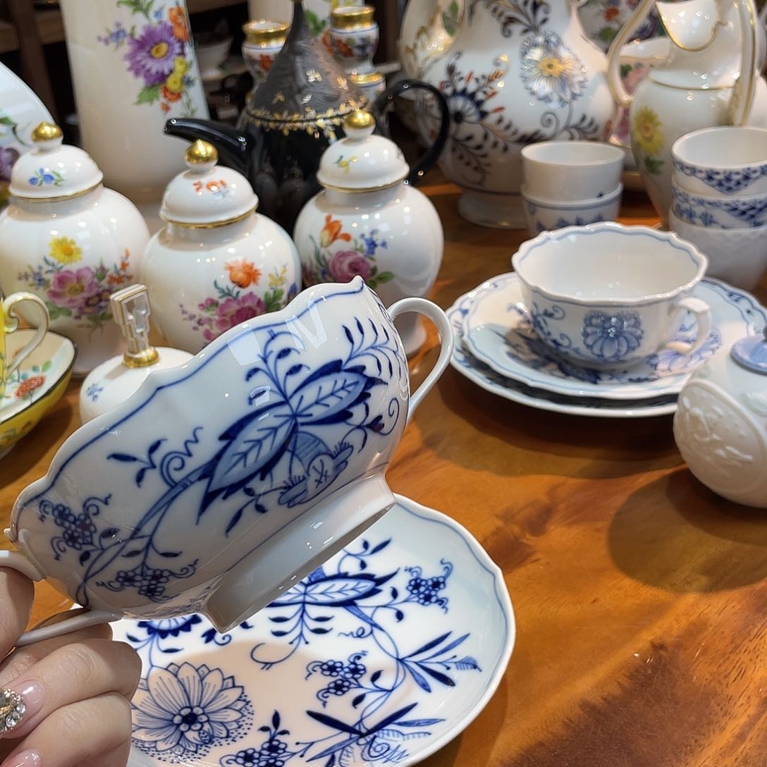 瓷片中古一等蓝洋葱双耳碗