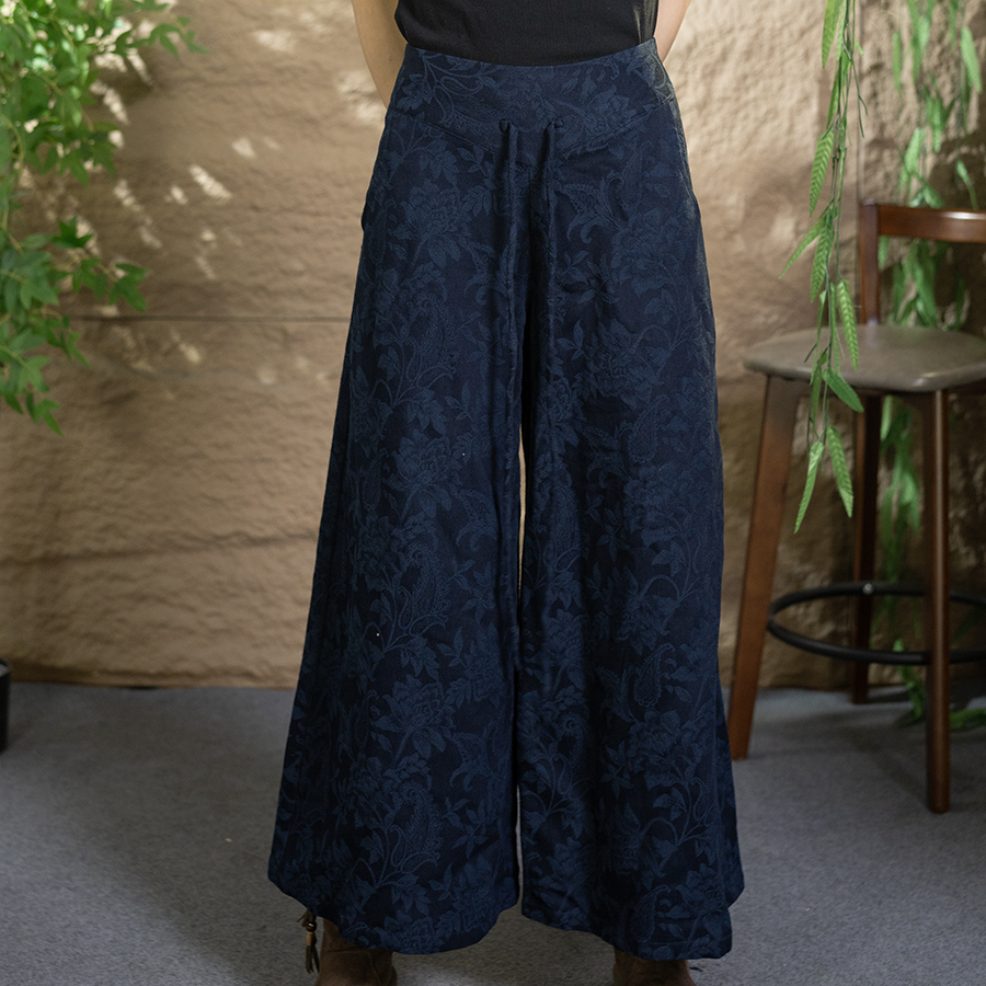 新中式提花休闲裤藏青色裤子中式文艺民族风百搭休闲长裤中国风