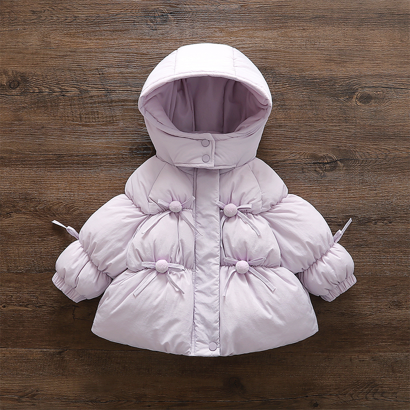 蝴蝶结儿童连帽休闲棉服棉袄洋气宝宝加厚韩版冬季中长款女童外套