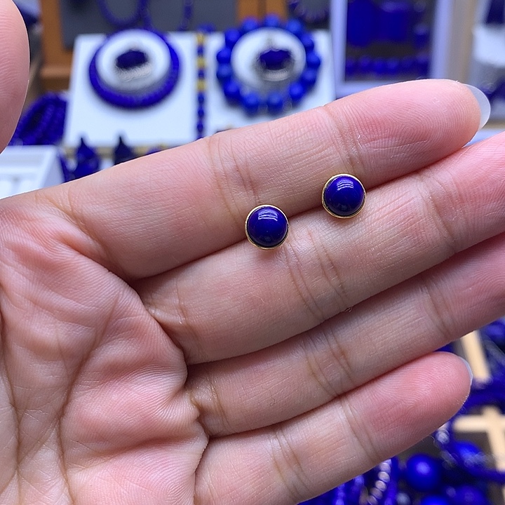 青金石银S925镀金镶嵌耳钉