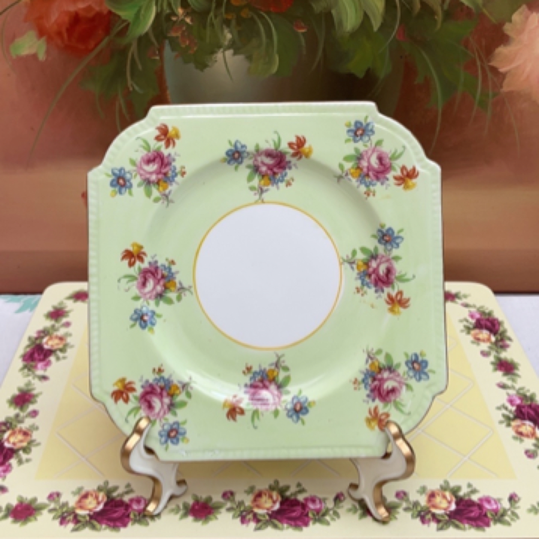 2183安斯利点心盘蛋糕盘方形绿标手绘玫瑰花束全品无瑕疵