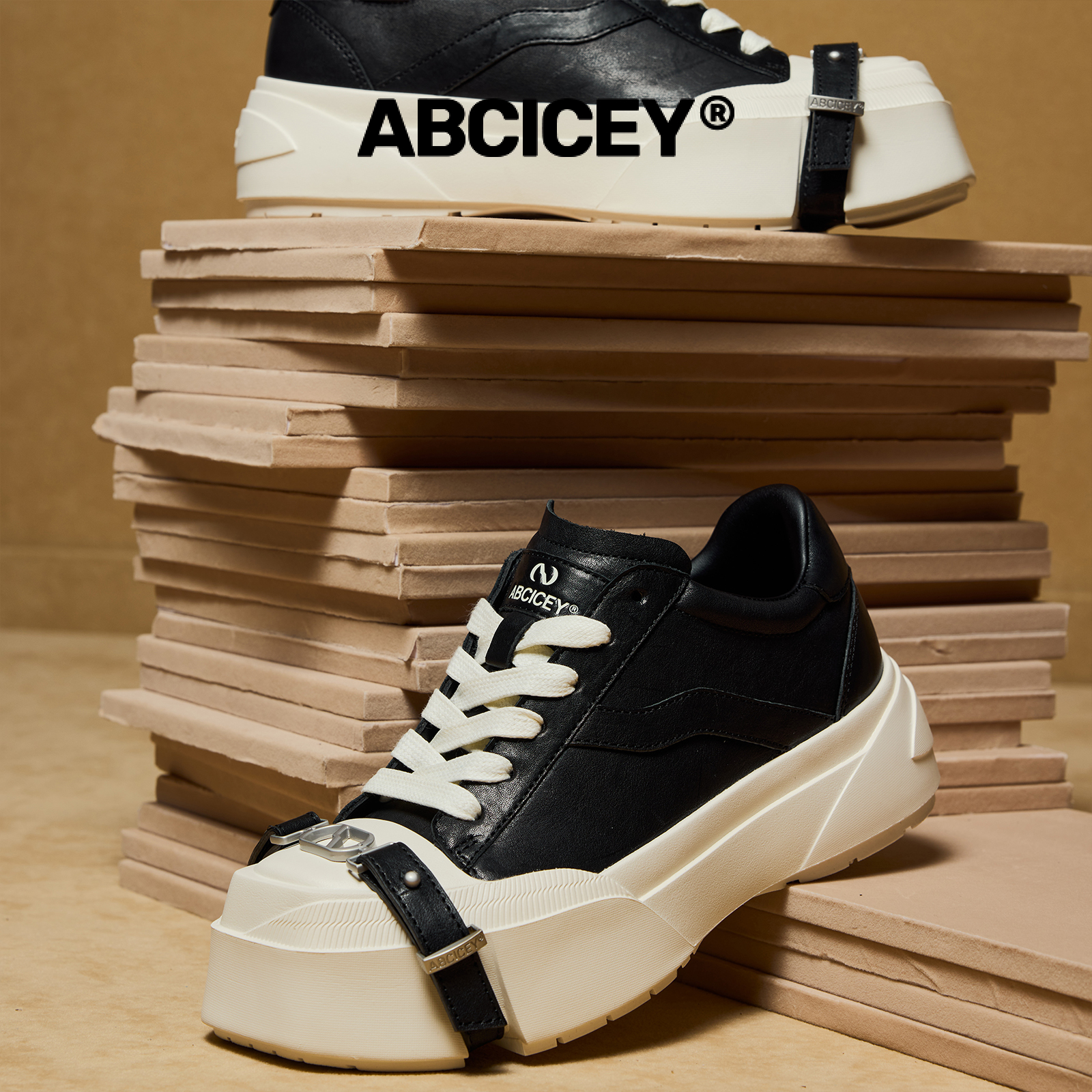 ABCICEY【引力皮面黑】方头板鞋绑带低帮厚底鞋增高秋季头层牛皮