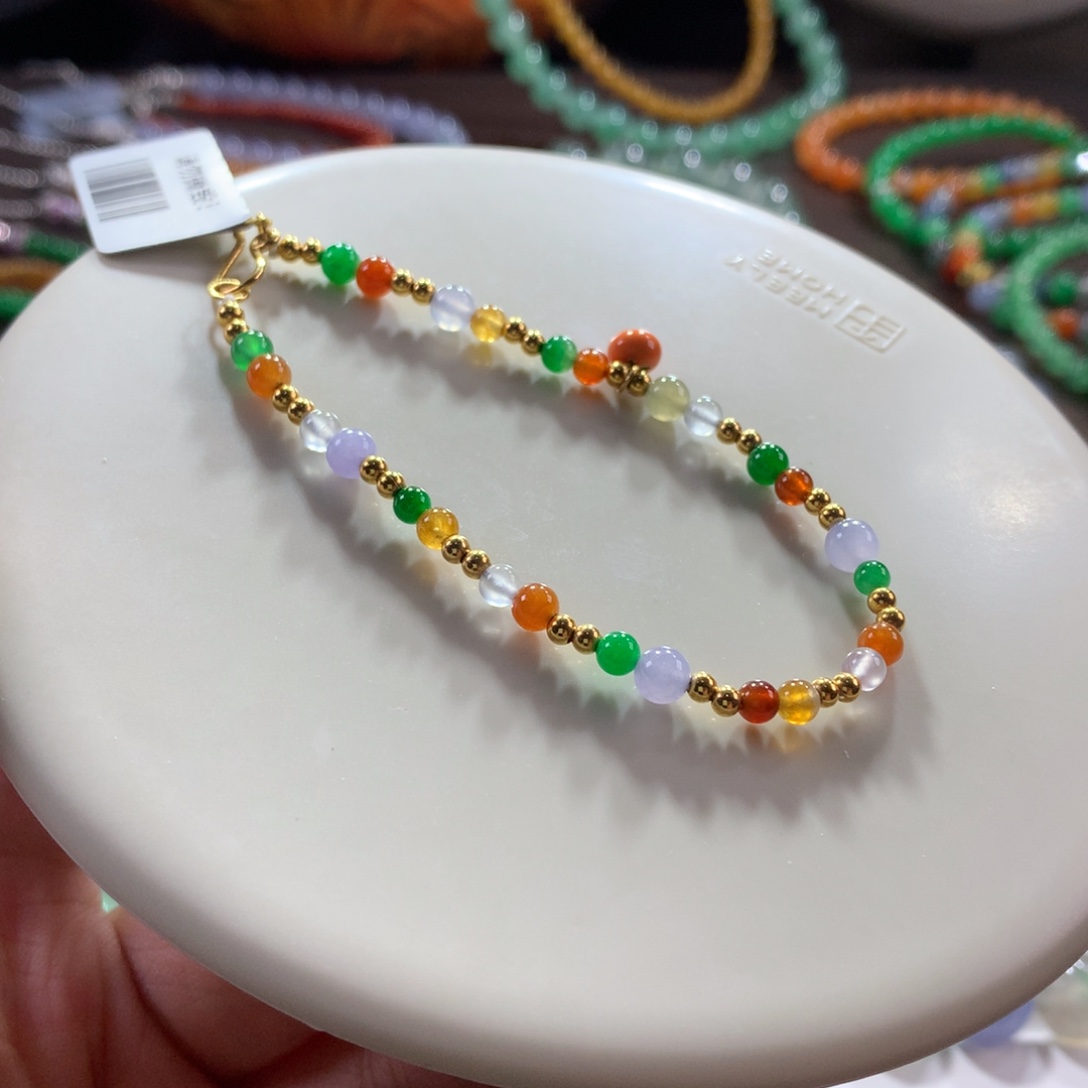 翡翠未镶嵌手链18.k金玉满堂浓彩多宝手链 卡3.2~4.6