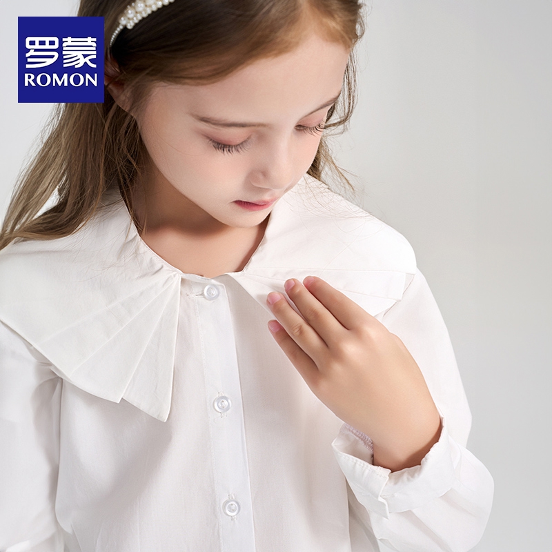罗蒙女童长袖纯棉衬衫表演出外套秋装校园服儿童衬衣学院风衬衣