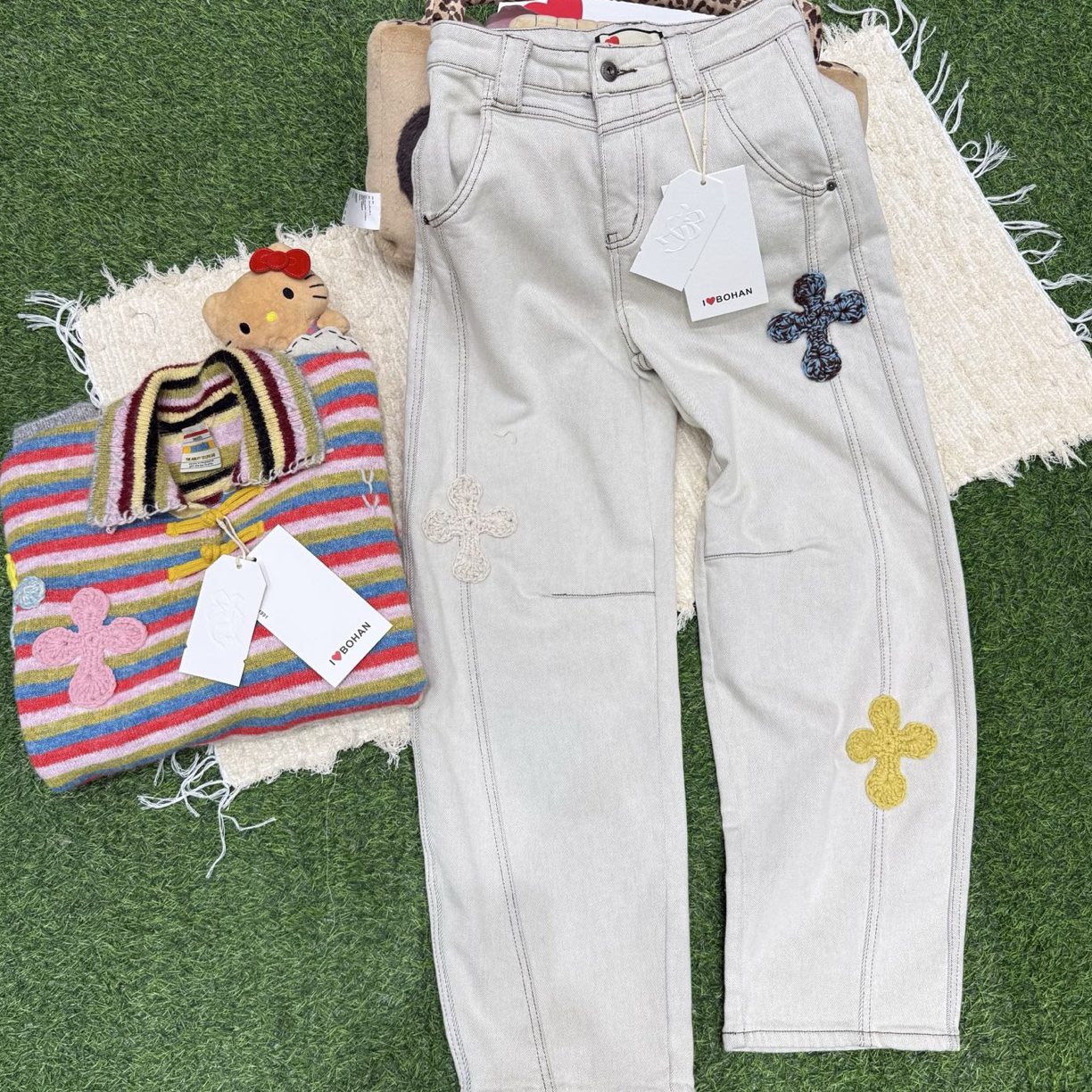 欧洲站5709#BOHAN秀秀家2025冬季新款毛线标加绒牛仔裤