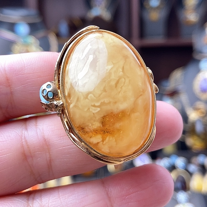 琥珀戒指银S925镶嵌戒指