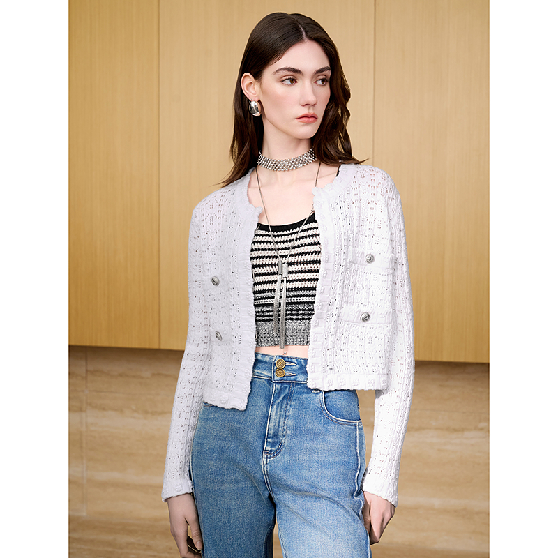 ANMANI恩曼琳25春季新款镂空提花小香风棉线针织开衫外套EANFAA01