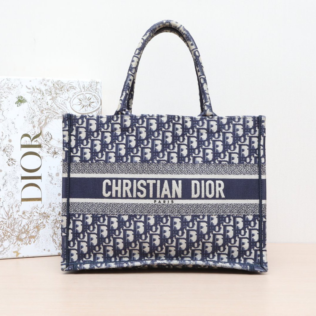 95新 DIOR/迪奥 黑黑精选 Book Tote 中号 36 墨蓝色 帆布