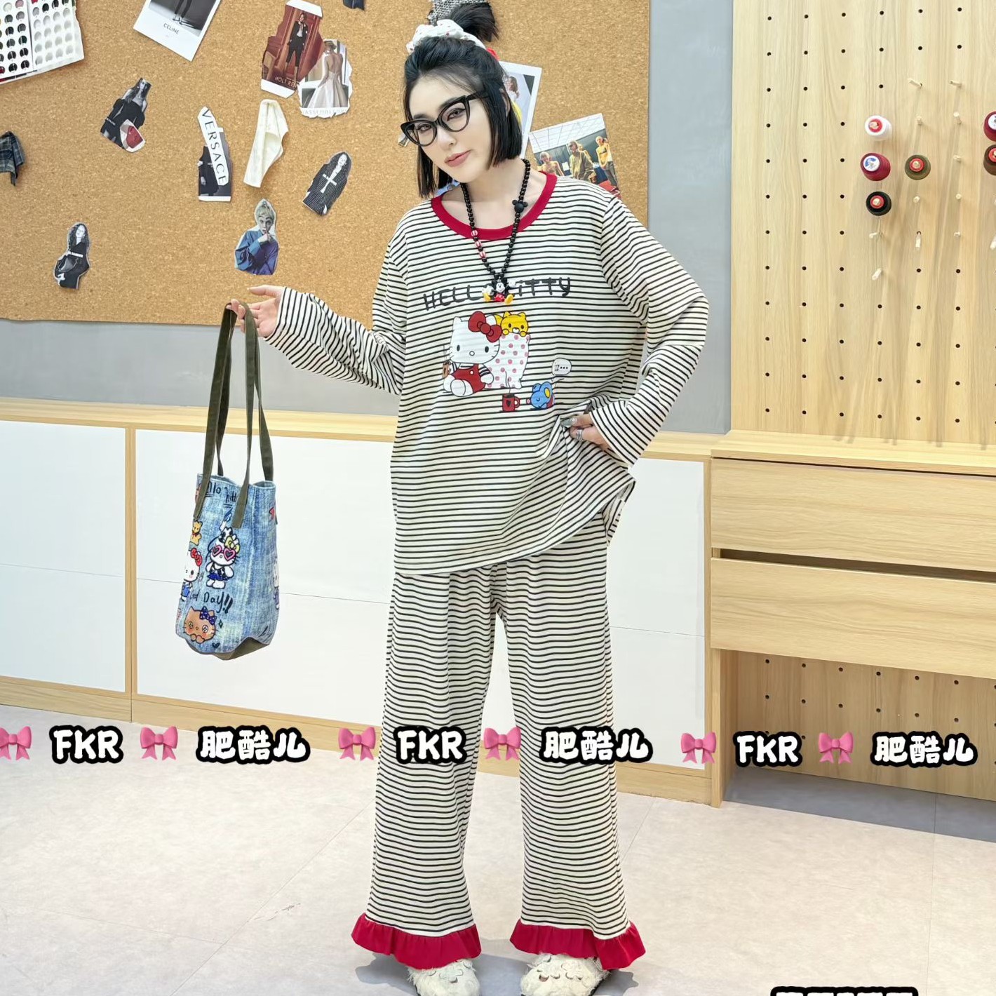 韩版卡通KT猫纯棉条纹款长袖长裤秋冬可外穿大码睡衣家居服套装