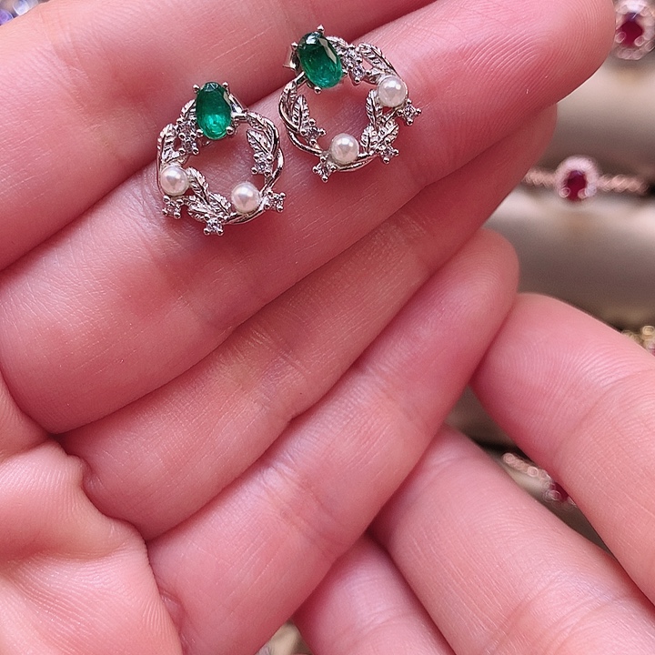 祖母绿耳饰银S925镶嵌