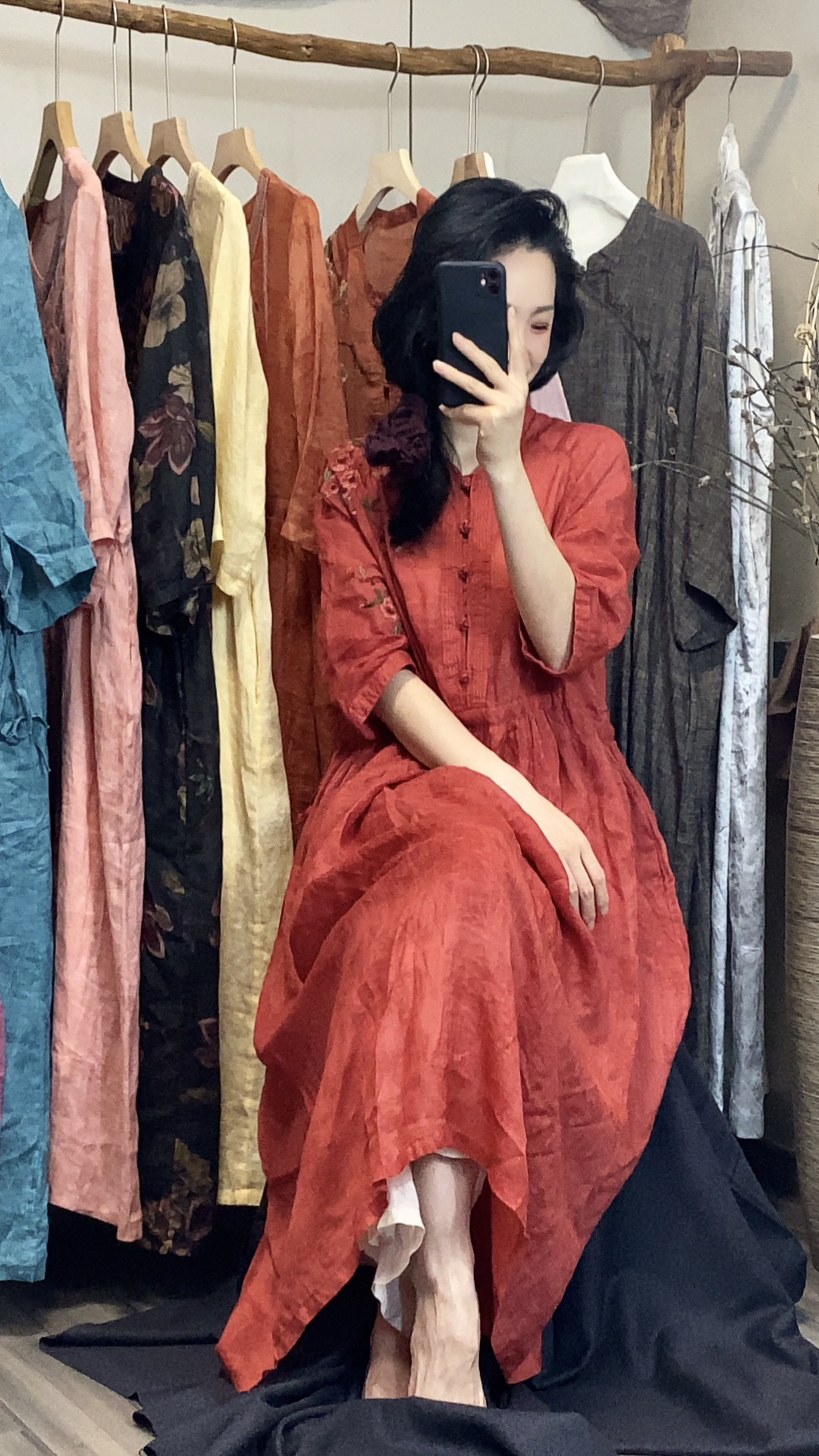 复古纯苎麻小立领刺绣文艺气质宽松长款连衣裙