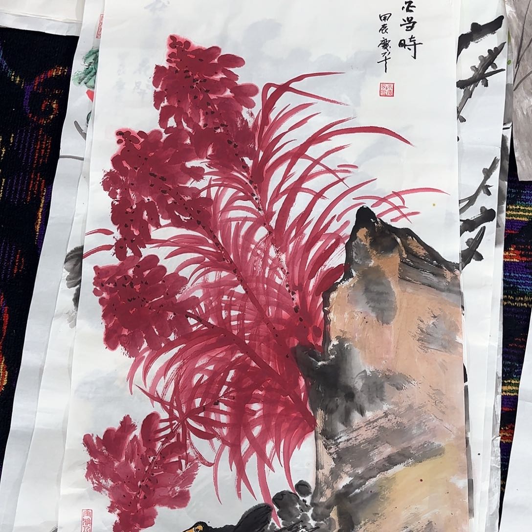国画朱庆平三尺花鸟朱