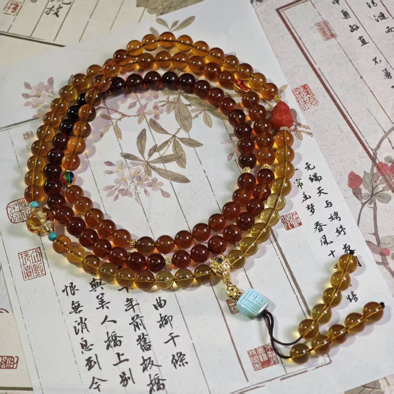 【鸿莱】ZX193211茶珀缅珀渐变108毛衣链diy绿松石&南红7mm+