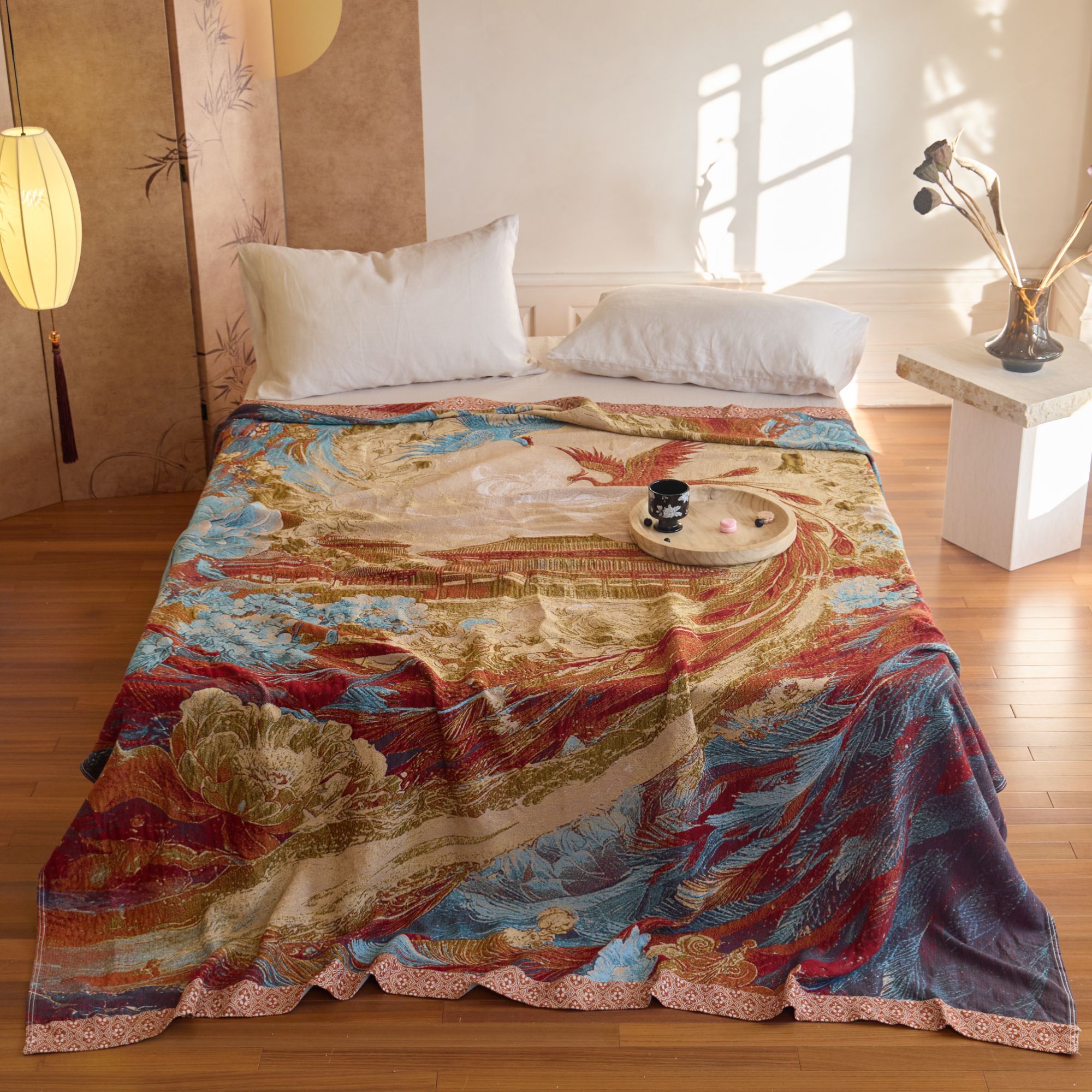 【国宾礼 高定款】非遗工艺香云汉锦毯床盖200cm*230cm-凤舞和鸣