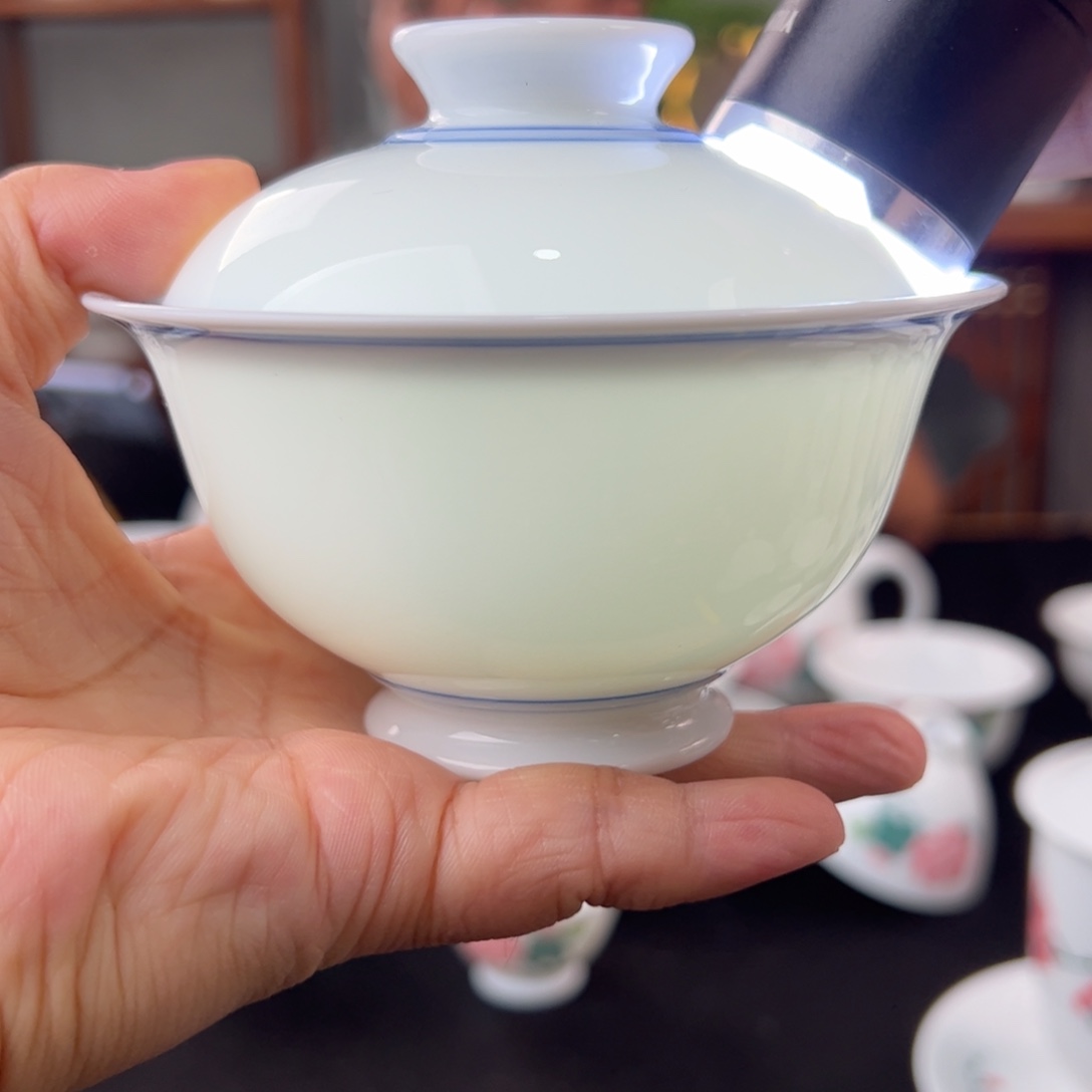 柴窑素胎双圈盖碗 微瑕变形
