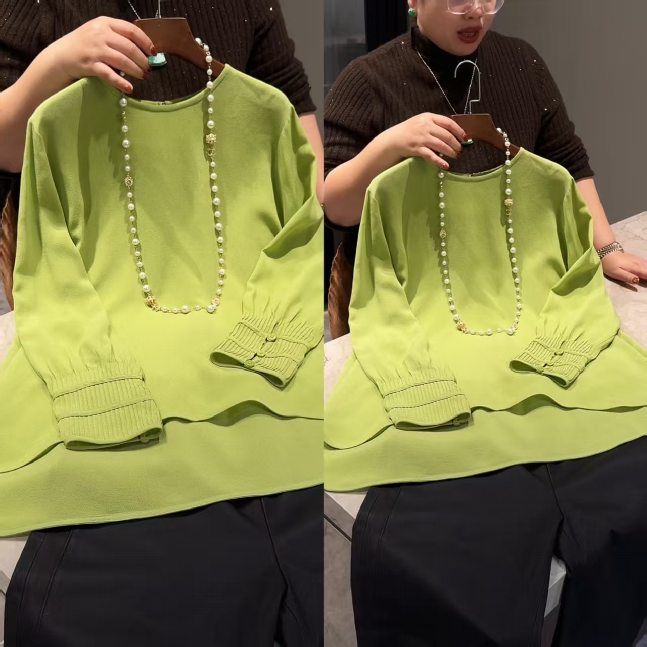 【花满林】圆领后扣袖口打条前短后长鬼绉真丝桑蚕丝上衣253320