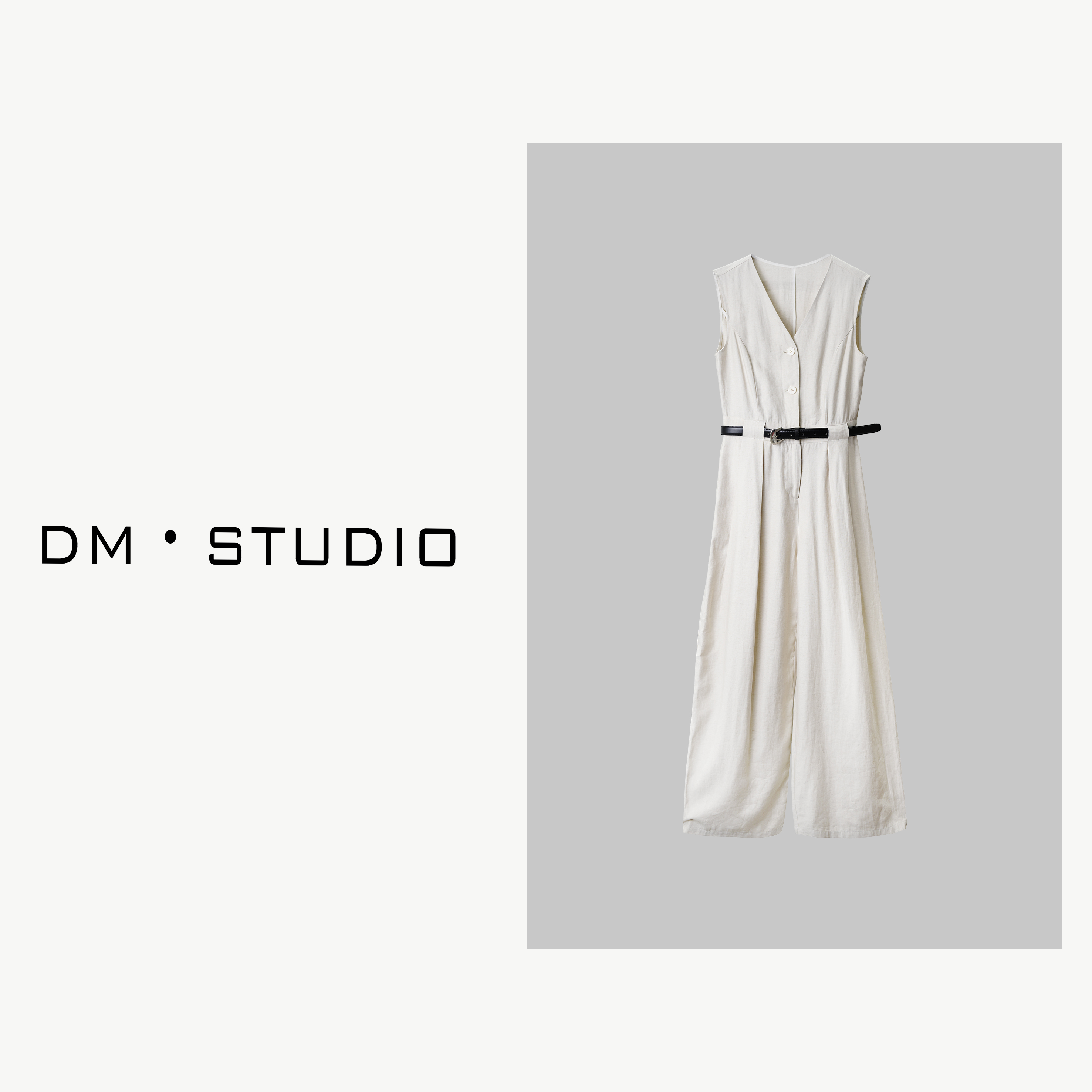 DEDM•STUDIO/气质高级感麻料带腰带V领无袖连体拖地裤（2A8077）