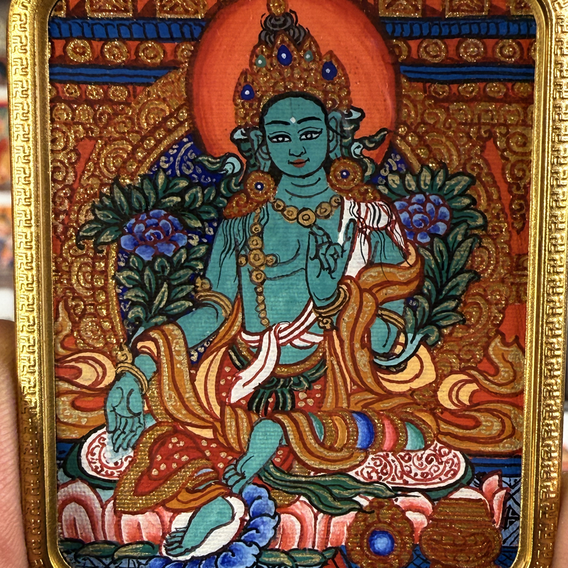 高端精品绘画类绿度母唐卡女孩守护