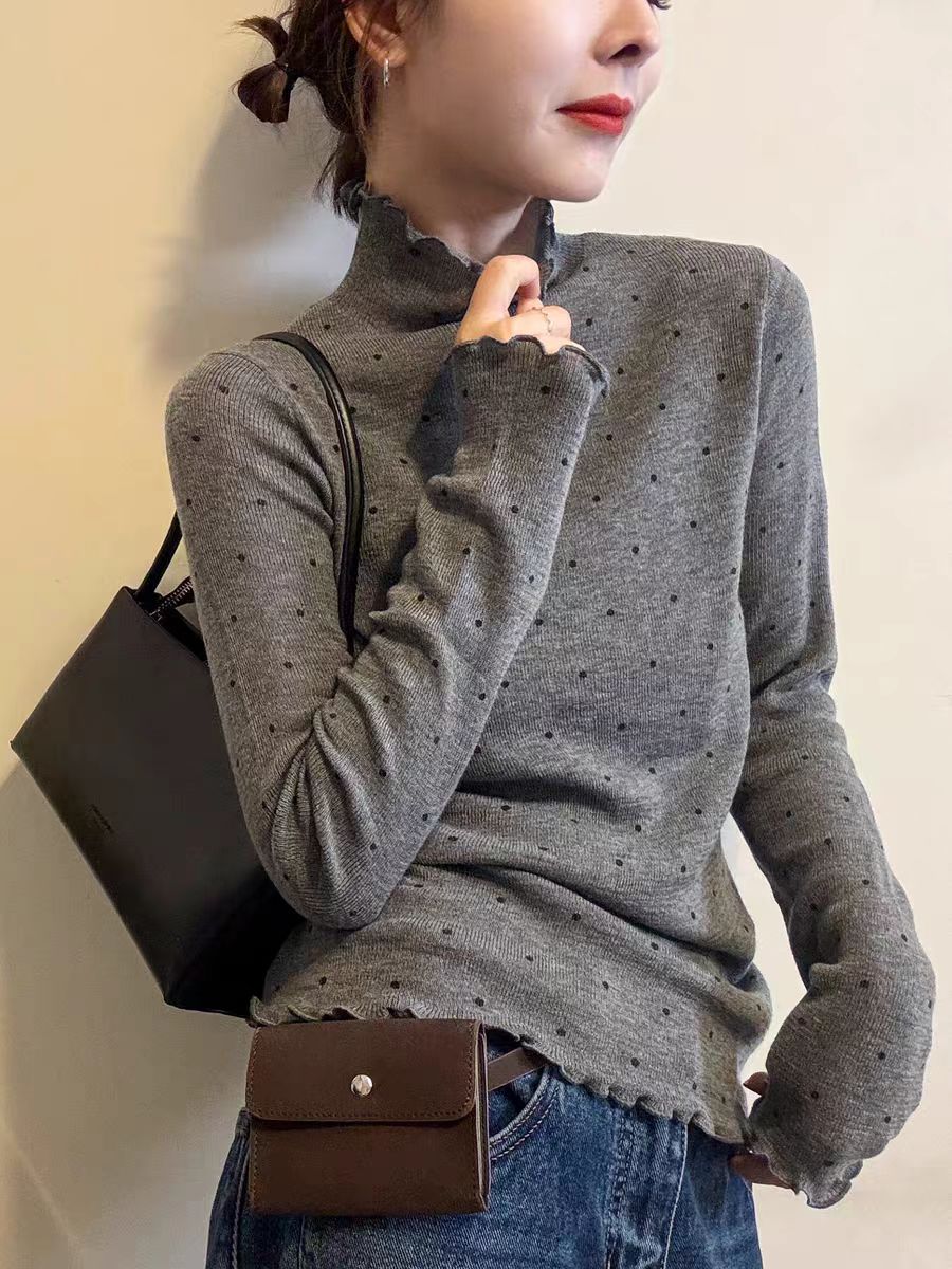 秋冬款加厚双面慕丝波点木耳花边百搭上衣洋气女士