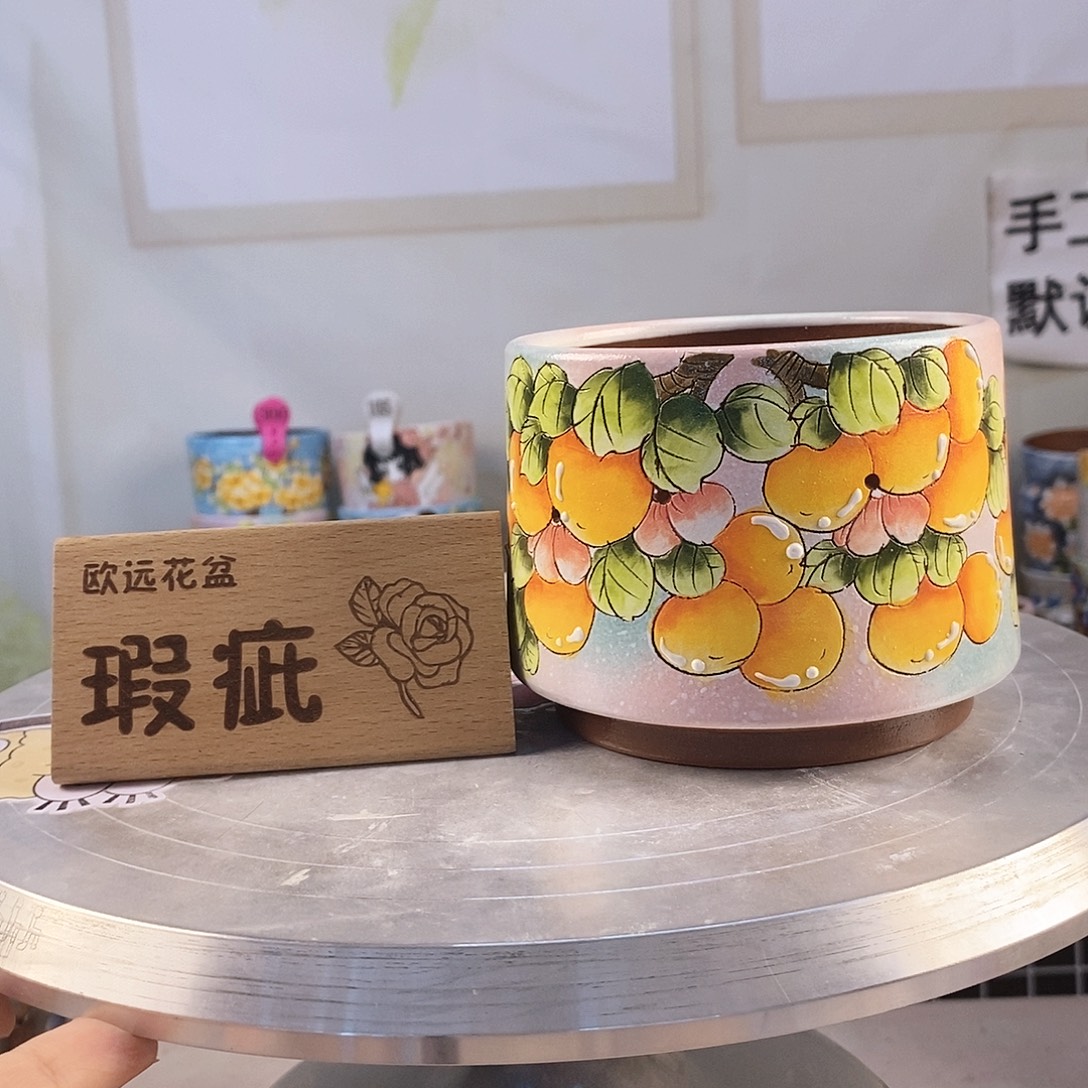紫砂花盆红陶手绘花盆