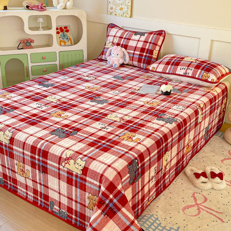 秋冬加厚牛奶绒绗缝床盖可铺可盖柔软亲肤夹棉榻榻米防滑 复古喵