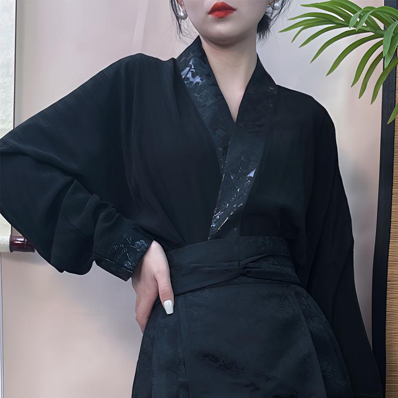 汉襕庭【织金飞机袖】新中式对襟交领黑织黑上衣宋制飞机袖汉元素