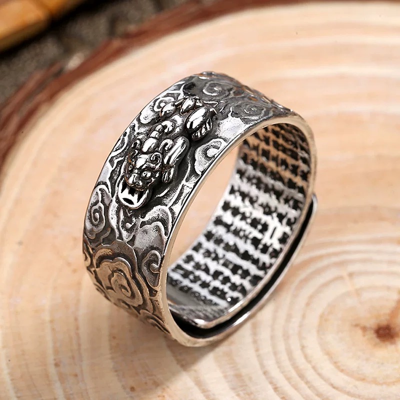 足银戒指 足银990复古貔貅祥云戒指个性活口男士食指戒纯银