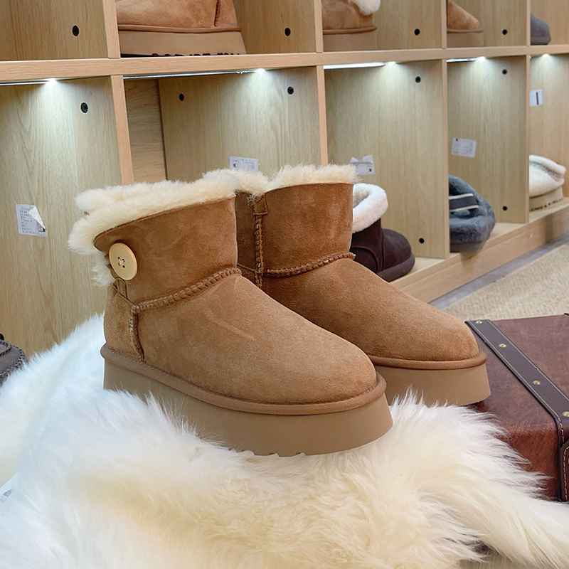 河南桑坡雪地靴羊皮毛一体低筒厚底加厚保暖短筒一粒扣冬季女鞋