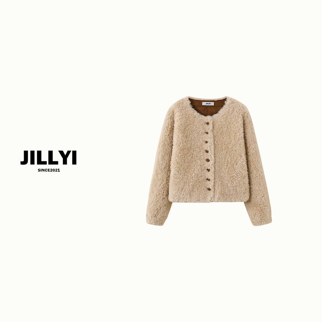 JILLYI珠海店【焦糖曲奇】焦糖色圆领单排扣毛呢外套秋冬季时尚