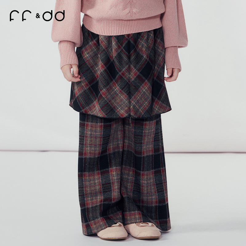 ff&dd童装2025冬新裙裤女童格纹假两件设计感儿童保暖休闲长裤子