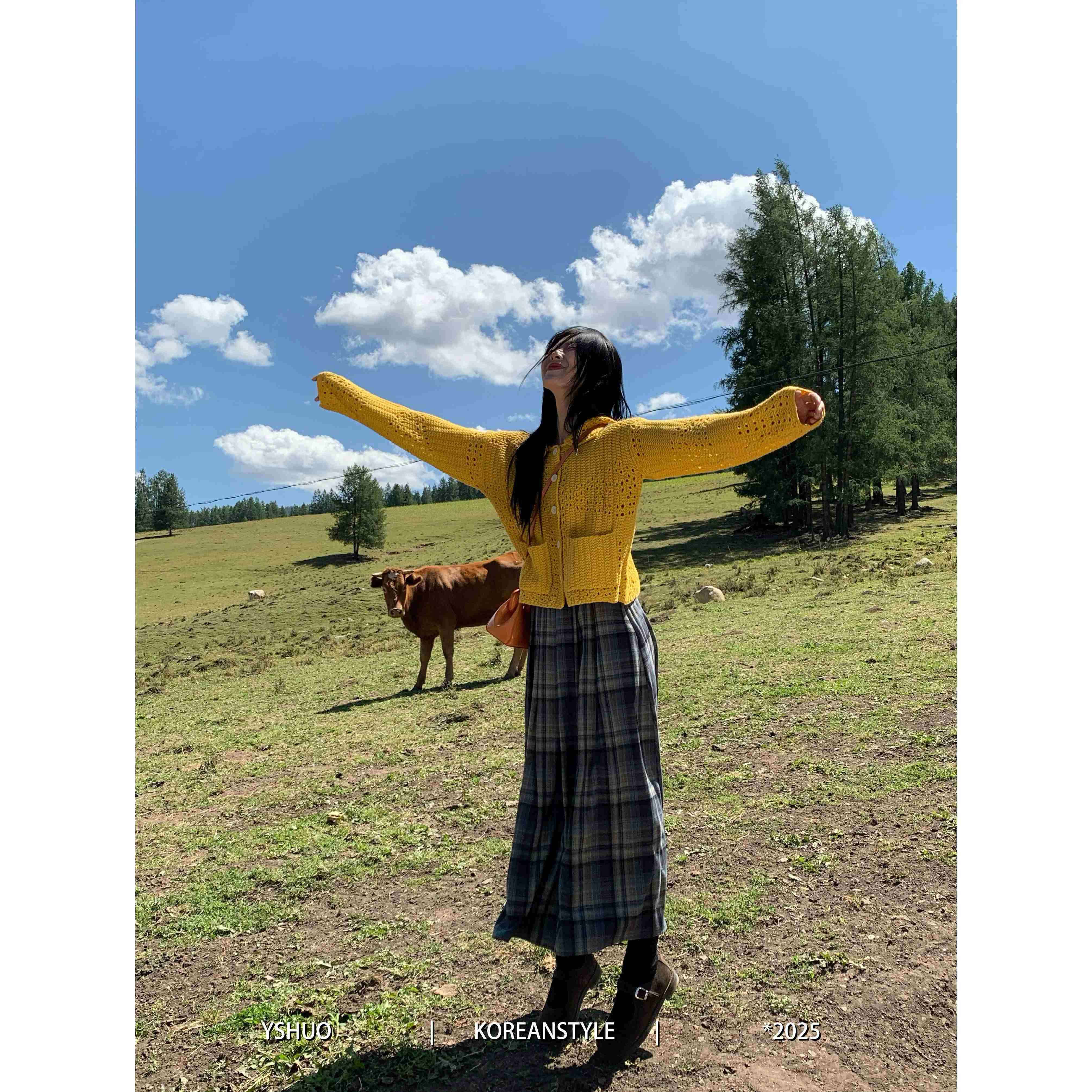 【胶片感】复古甜酷格纹半裙百搭松弛百褶显瘦松紧腰长裙9551