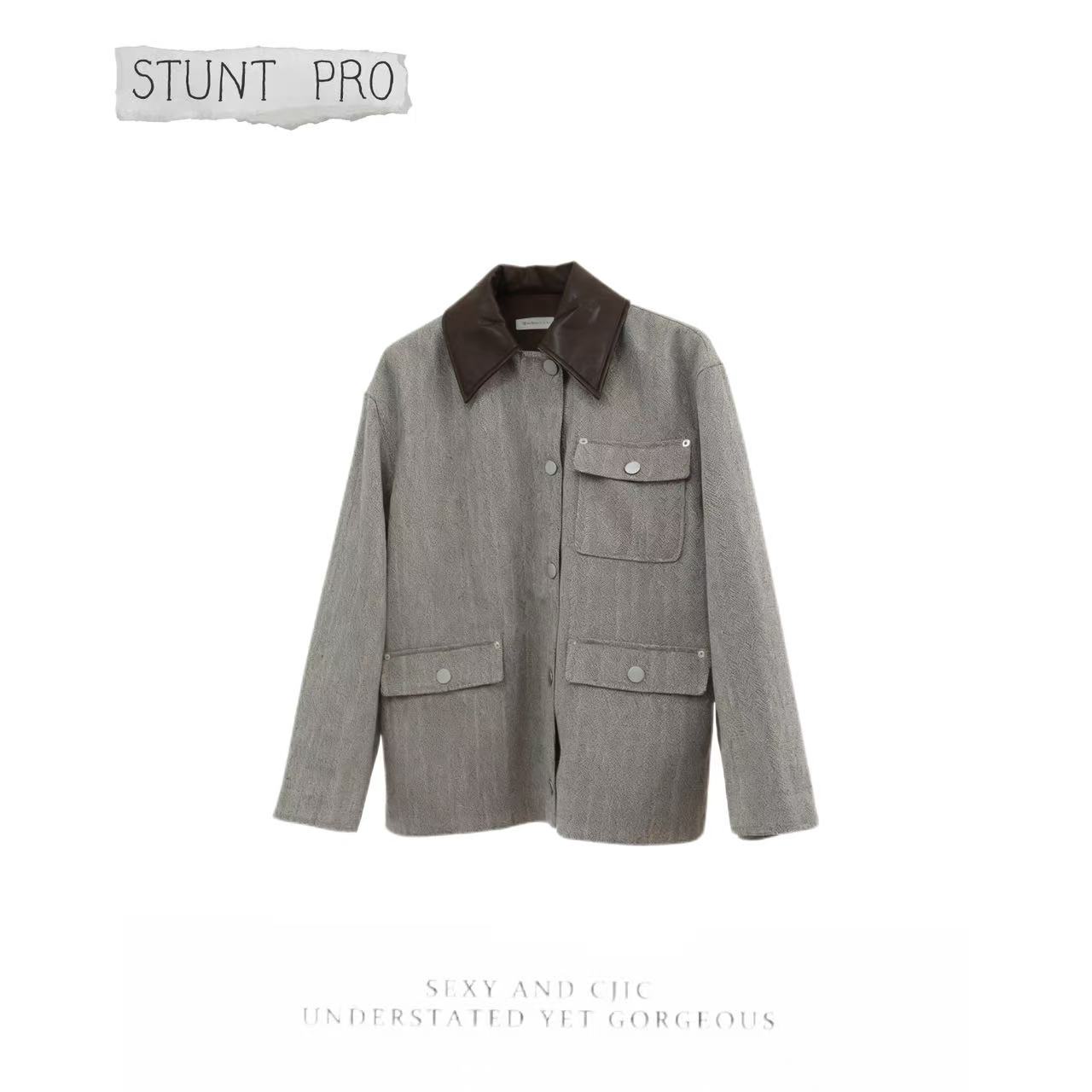 原单 设计师款拼接领米色休闲夹克外套1735-b