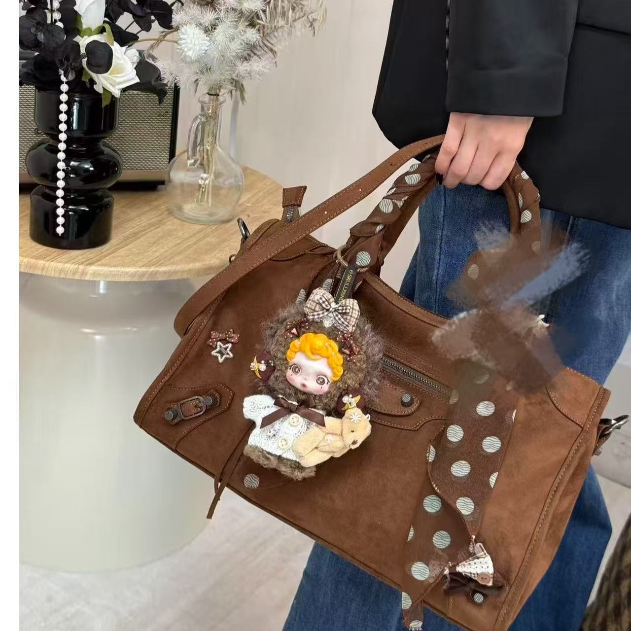 原创手工设计潮玩 韩系轻奢小众设计咖色机车包