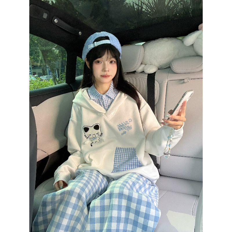 做梦特长生 原创可爱猫咪刺绣假两件连帽卫衣情侣宽松慵懒风上衣