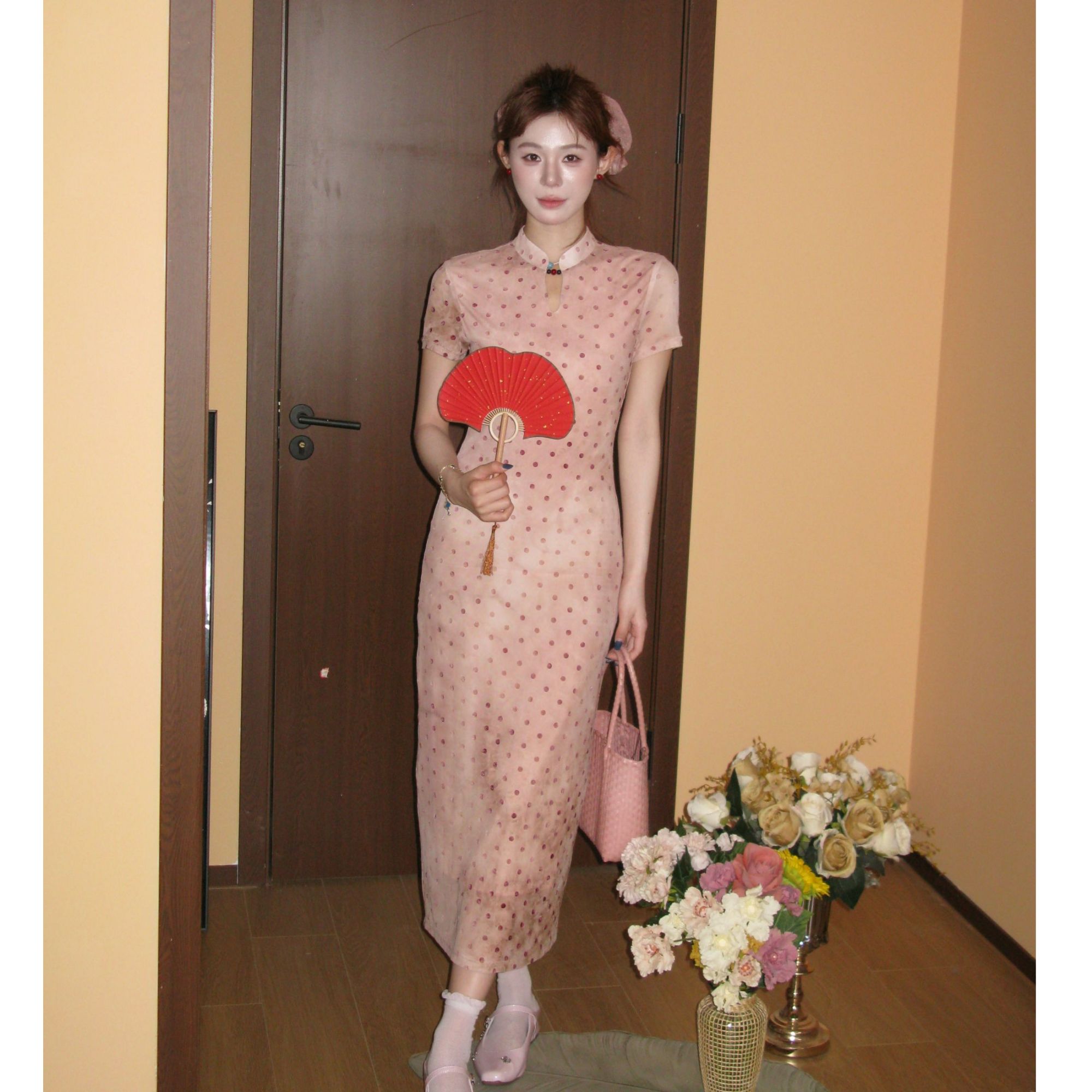 1美静在这弹力网纱植绒波点粉色连衣裙新中式旗袍长裙XMZH7269