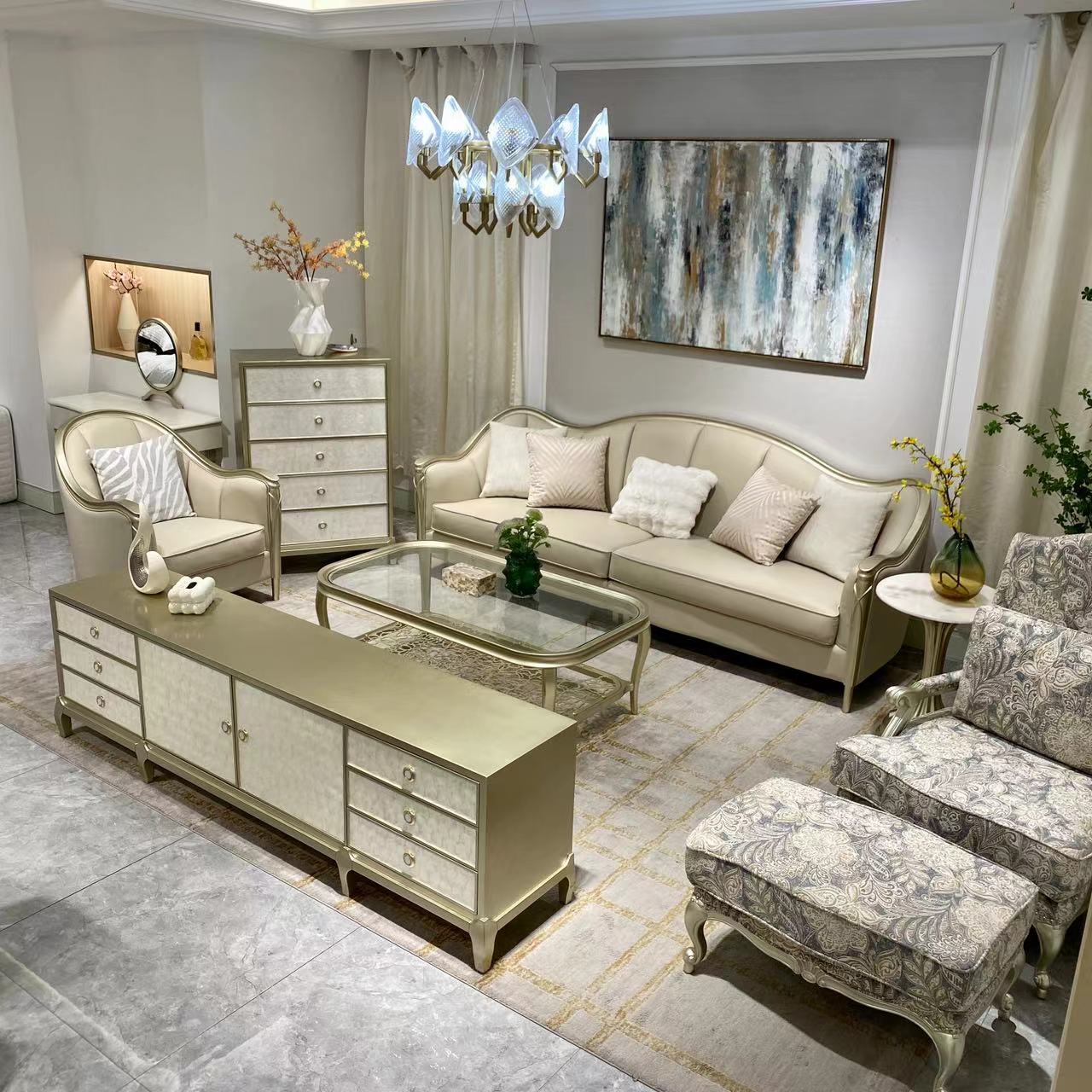 元宝沙发-美式轻奢实木沙发/家用客厅别墅软包皮艺沙发