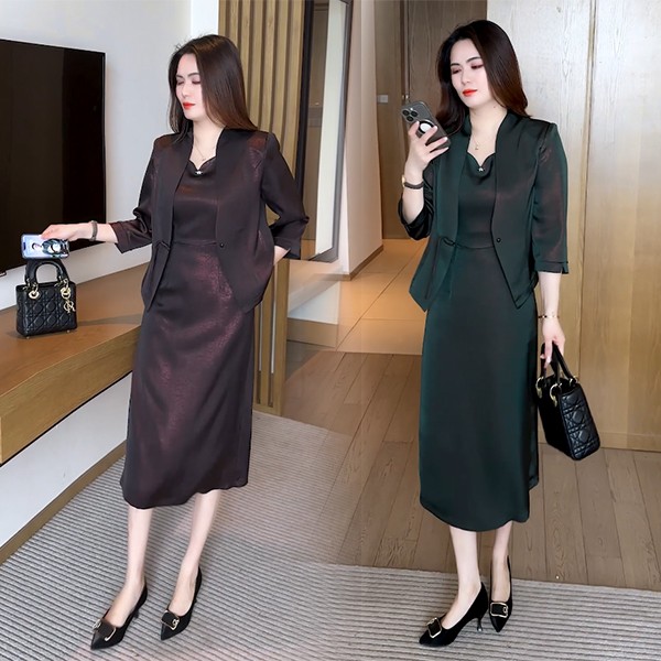 女装洋气韩版休闲风时尚套装时尚开叉气质显瘦中长款长袖收腰2025