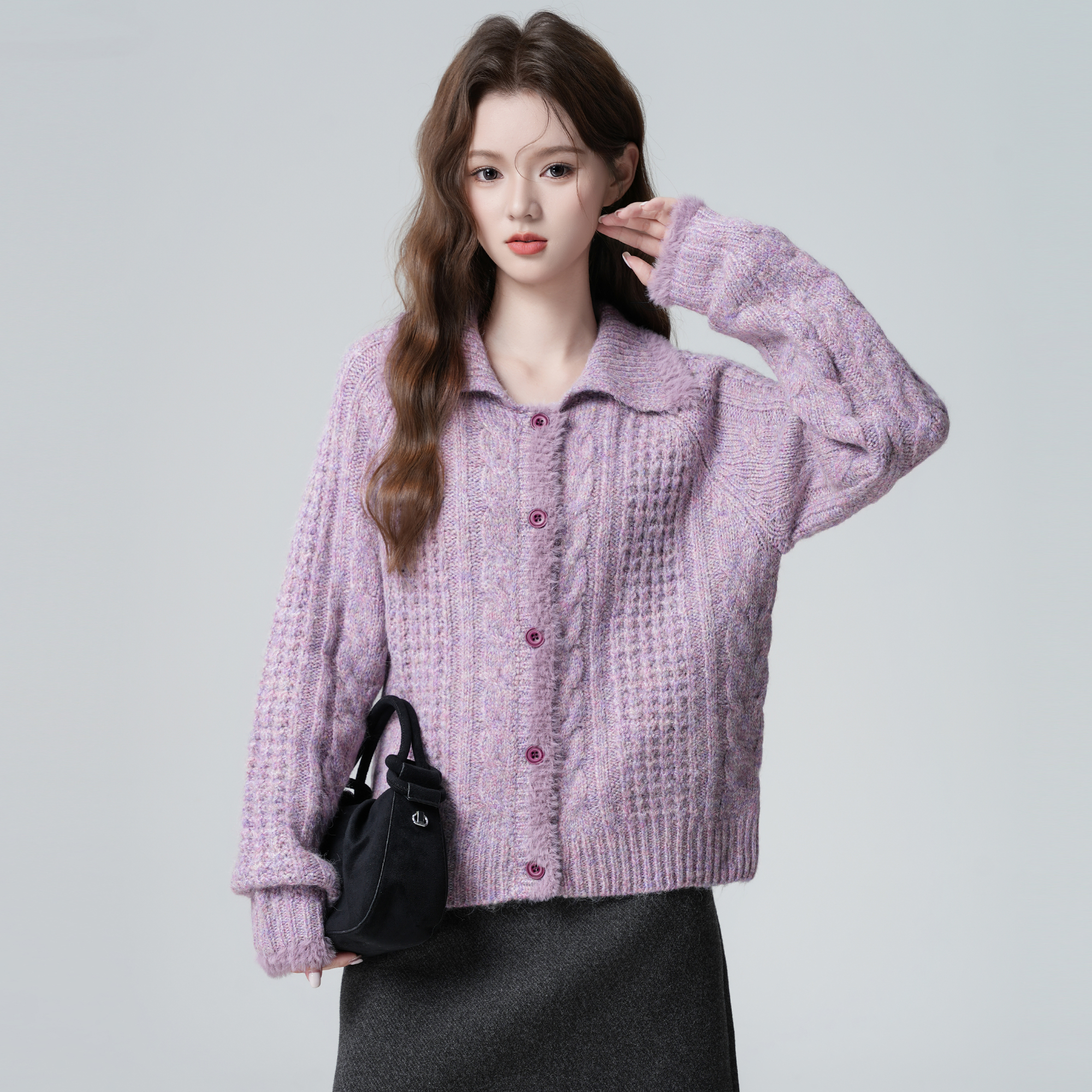 紫色翻领麻花毛衣外套女秋冬2025秋季新款宽松加厚针织衫开衫上衣