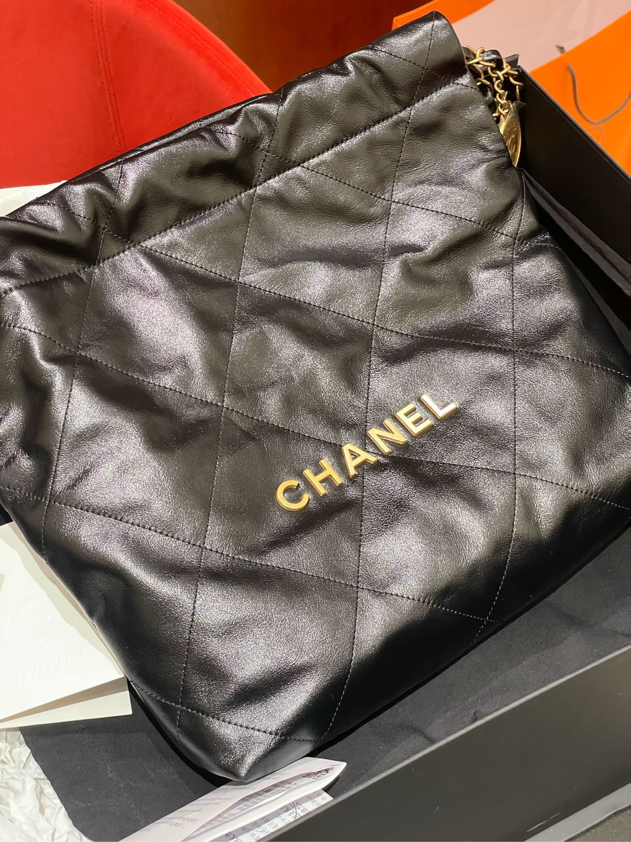 全新未使用 Chanel/香奈儿 22bag小号黑金 附件：盒子尘袋小票