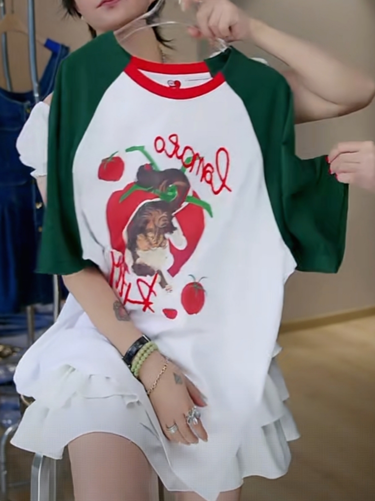 【济州岛】新青年 番茄猫咪印花拼接袖设计短袖