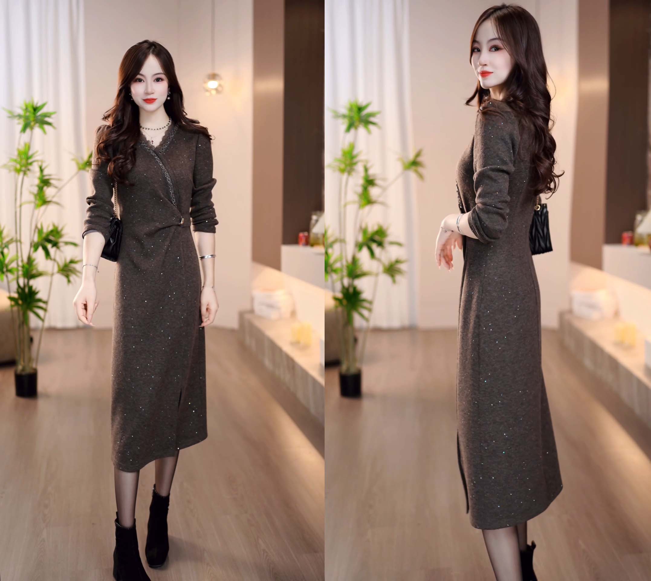 2025秋冬新款棕咖色V领腰部扣带优雅大气收腰显瘦连衣裙M-4XL