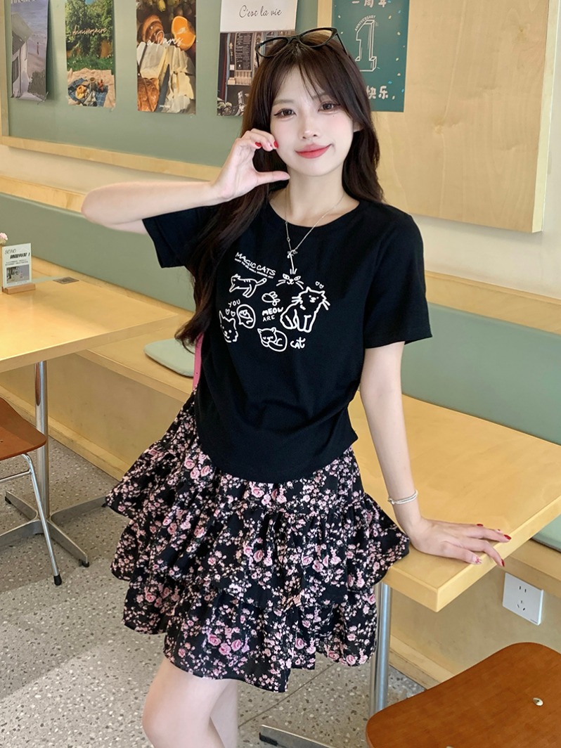 胖mm大码女甜美印花卡通短袖T恤碎花短裙套装A0564短袖+19869短裙