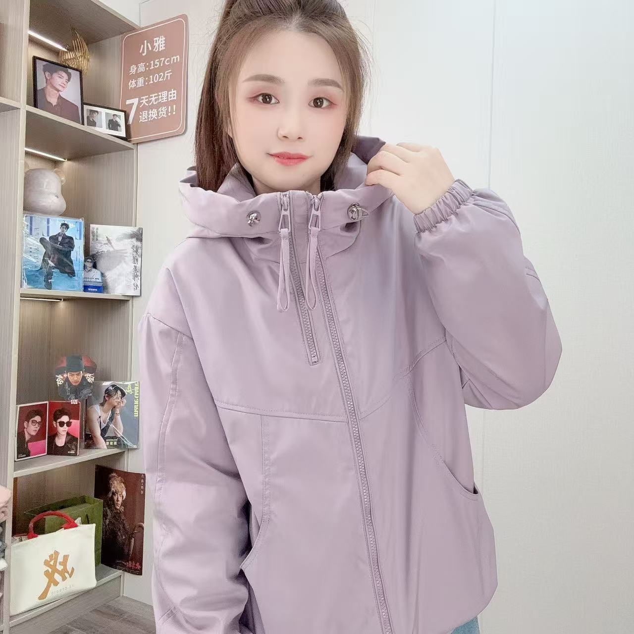 加厚加棉2025新款情侣短外套连帽宽松型双条拉链慵懒风外套女011